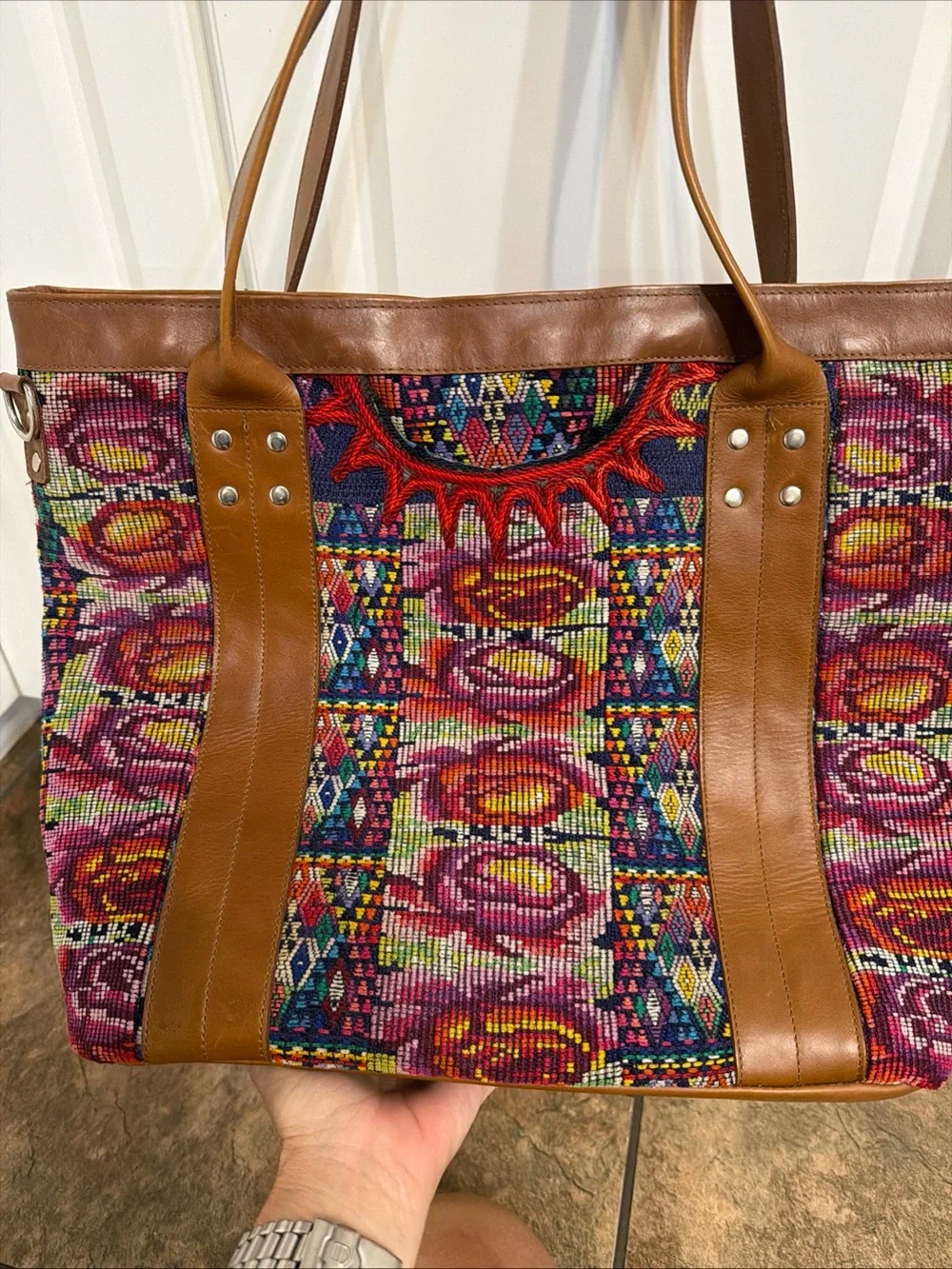 Handmade Guatemalan Fabric And Leather Tote Shoulder Nena Huipil - Picture 5 of 12